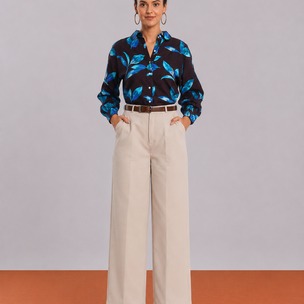 Betty Black Floral Print Viscose Linen Casual Shirt