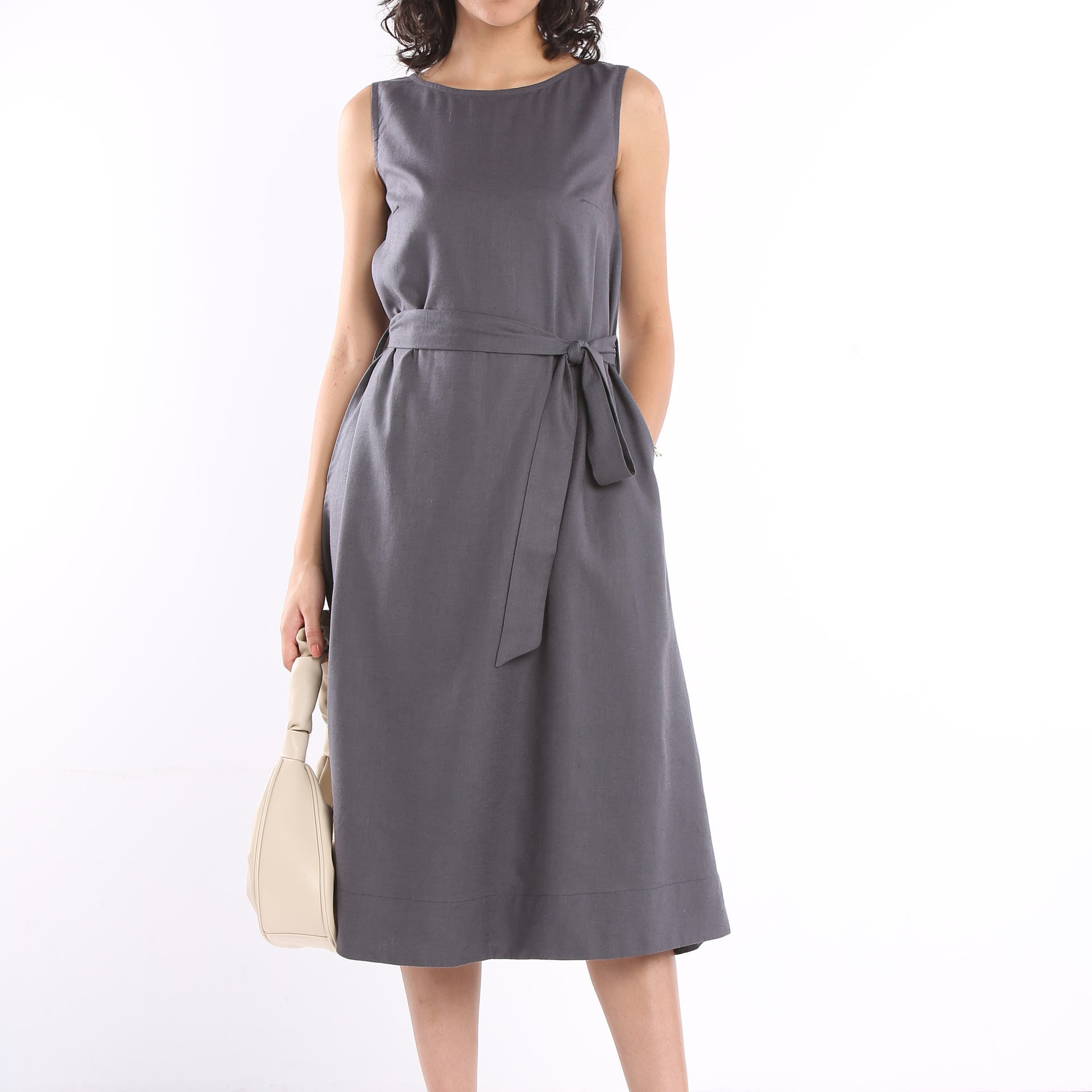 Ebba Grey Linen Formal Midi Dress