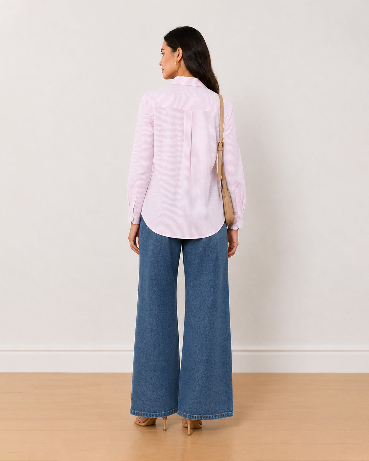 Aksa pink and white striped cotton shirt back view with the centre back pleat