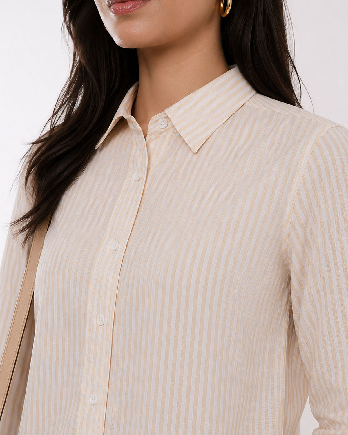 Aksa yellow and white striped cotton shirt collar and yarn dyed stripe close-up