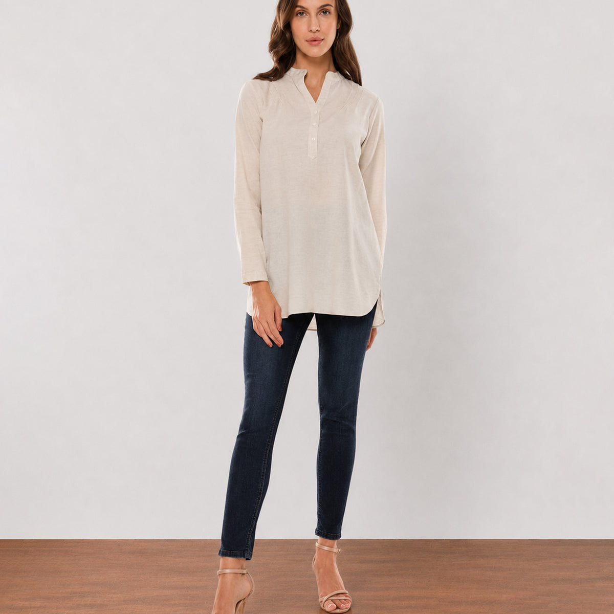Gazillion Alexa beige cotton linen plus size tunic shirt for women, full length front