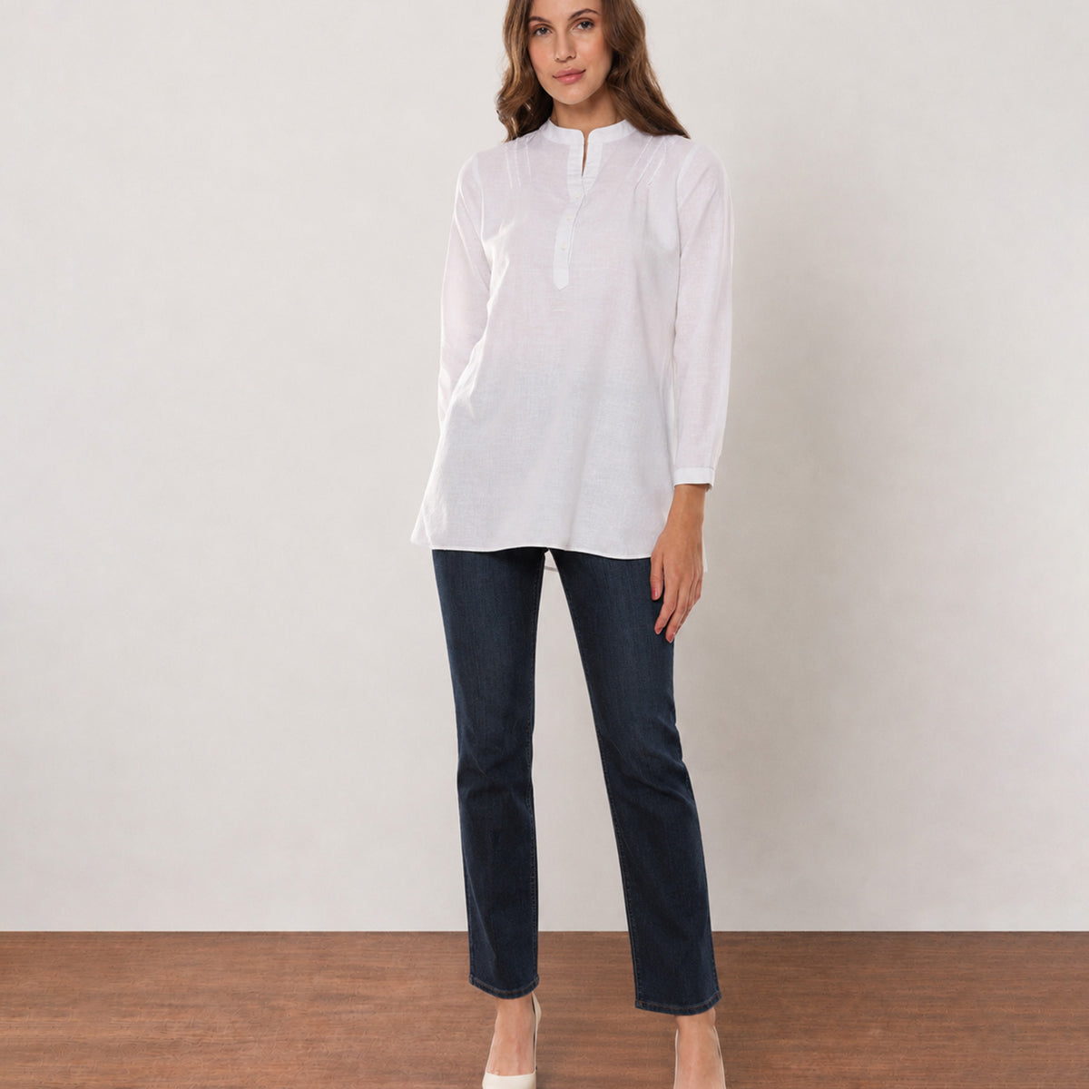 Gazillion Alexa white cotton linen plus size tunic shirt for women, full length front