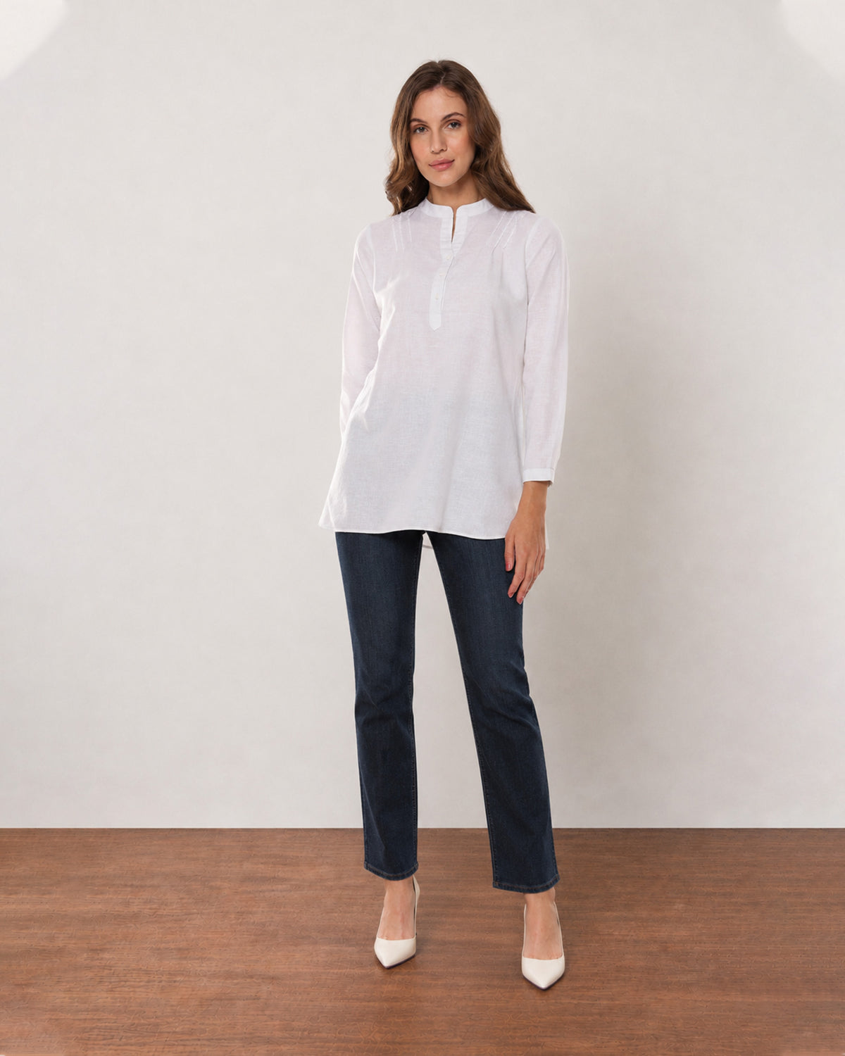 Gazillion Alexa white cotton linen plus size tunic shirt for women, full length front