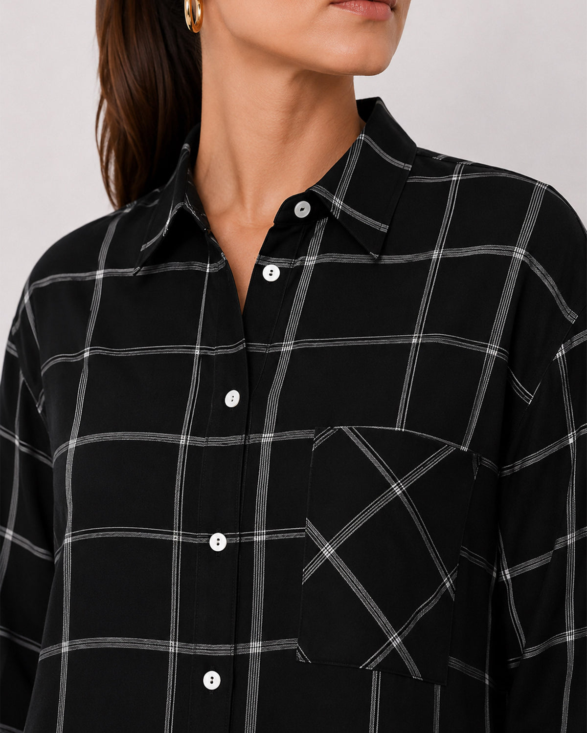 Alivia black checks shirt collar, patch pocket and the hidden dignity buttons