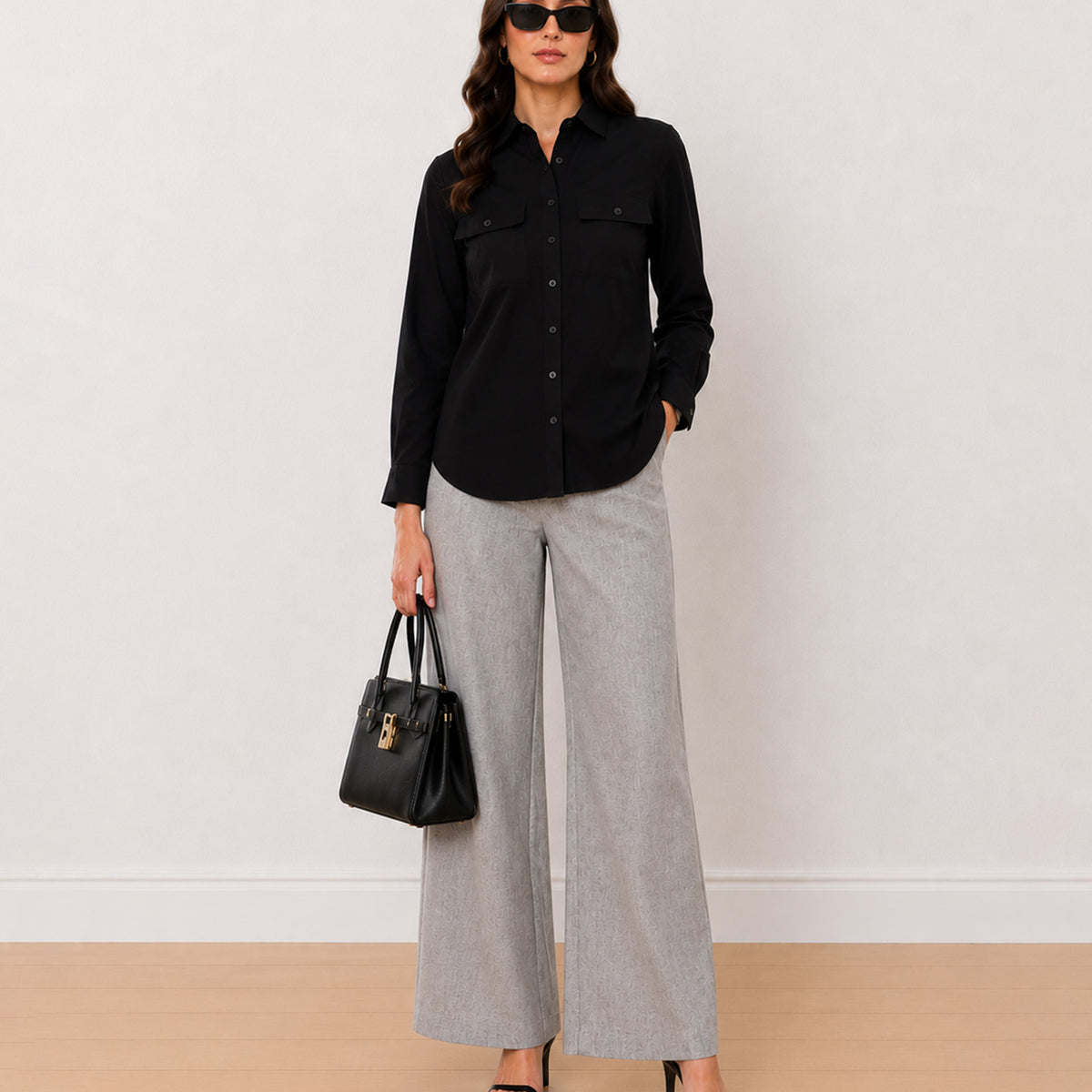 Gazillion Allaya black denim utility shirt for women, full length front view