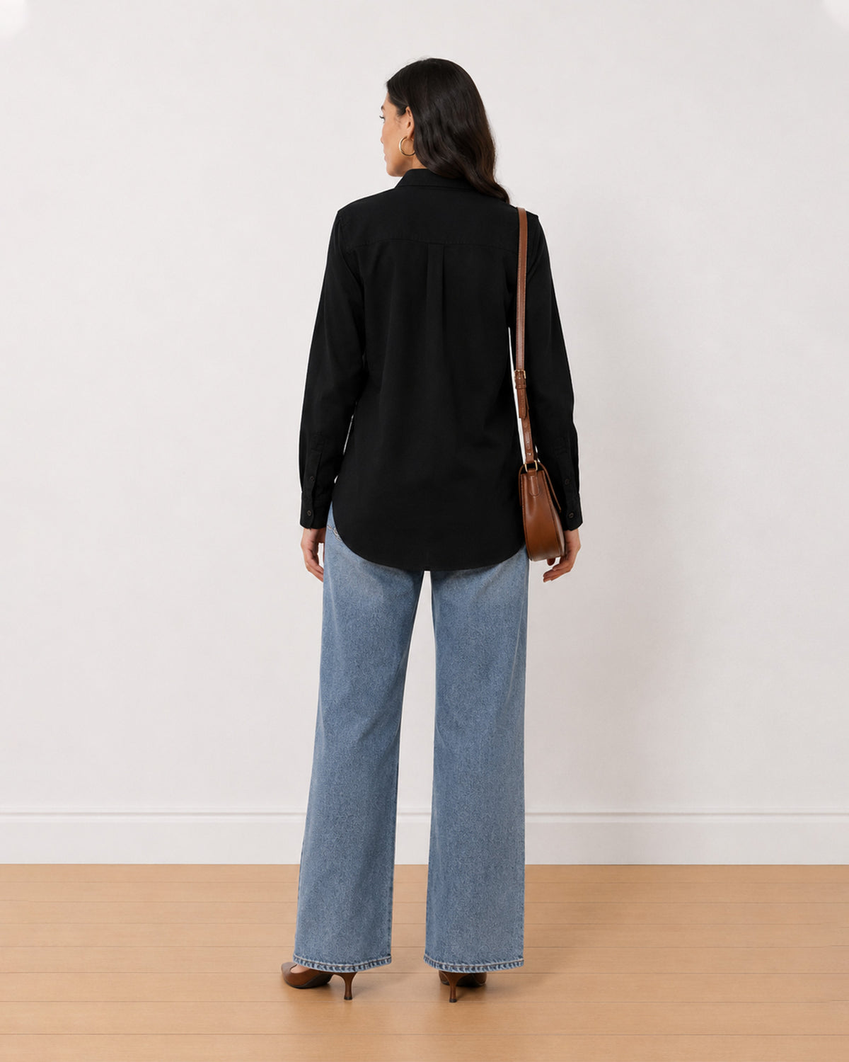 Allison black denim longline shirt back view with the elongating long length