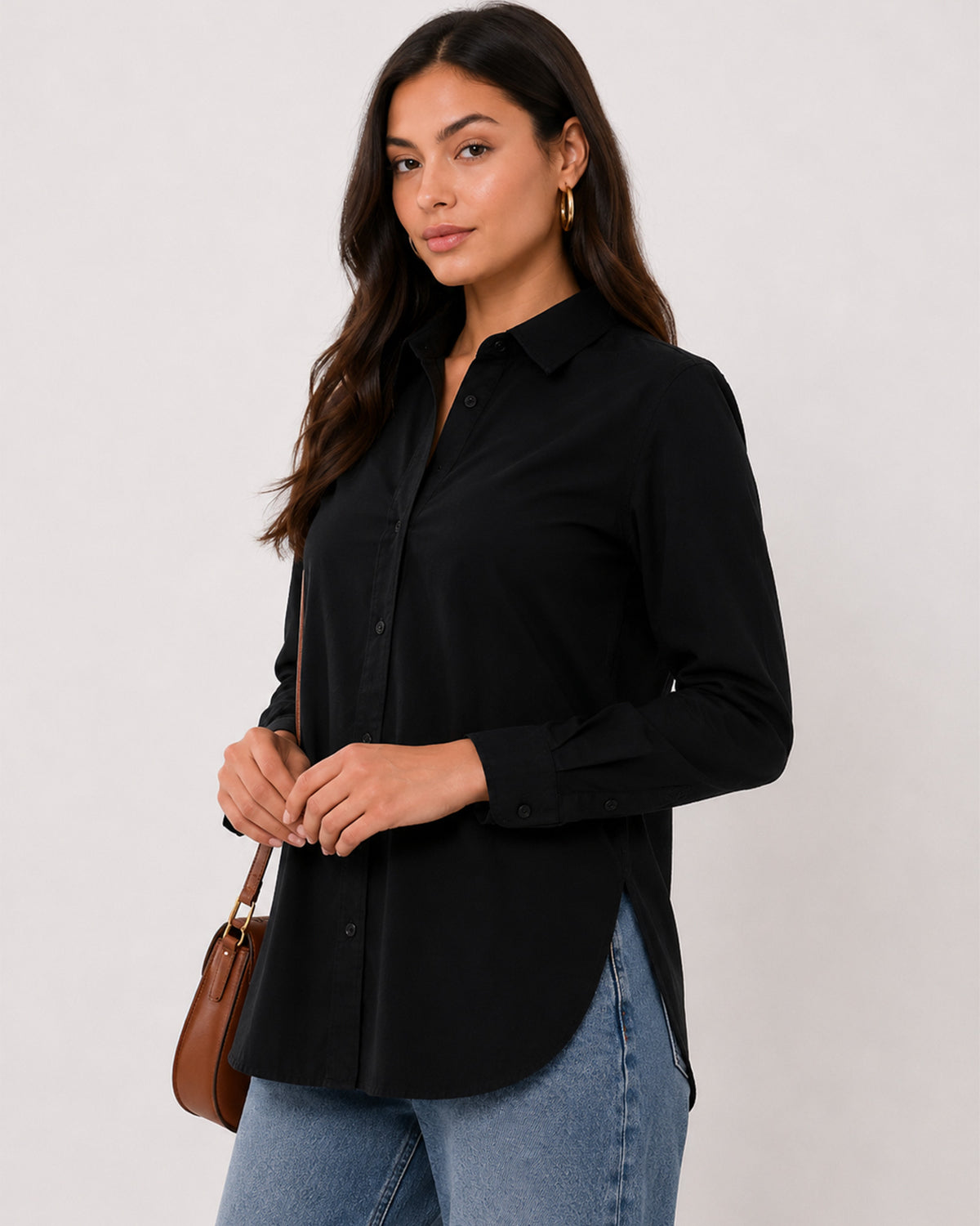 Allison black denim longline shirt waist up front with the side slit