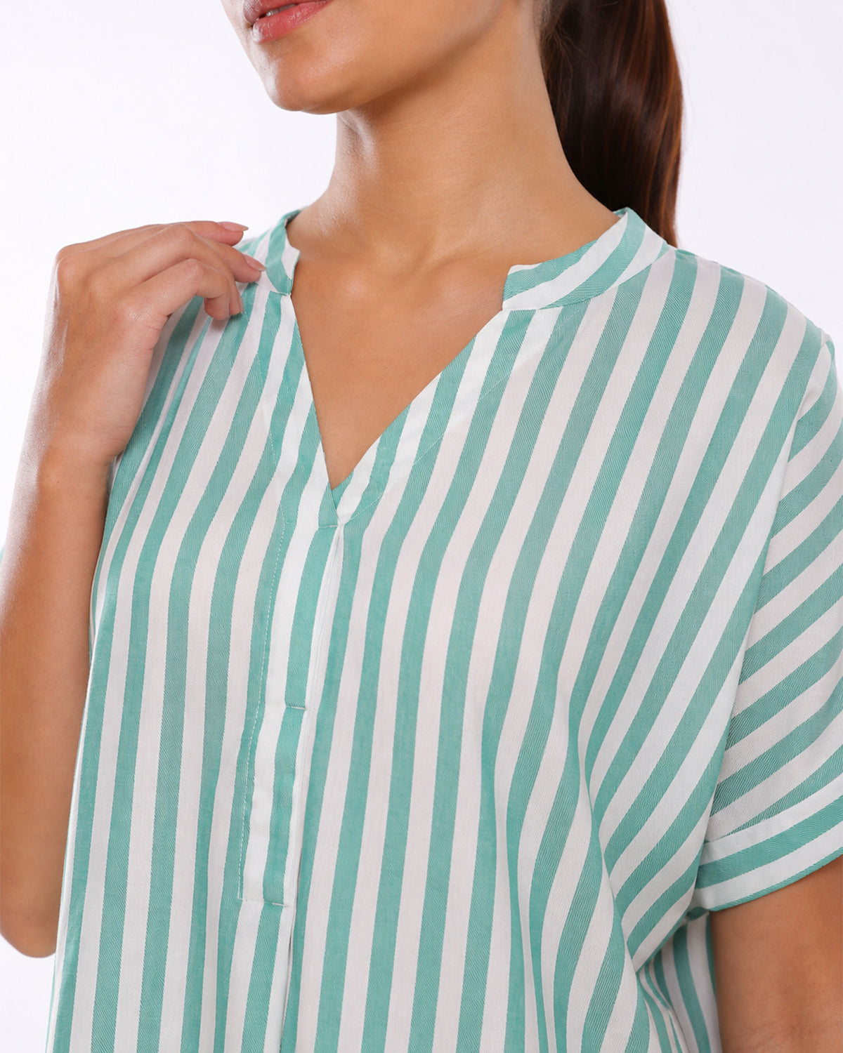 Alva green striped viscose top stand collar and V-neck close-up, classy workwear