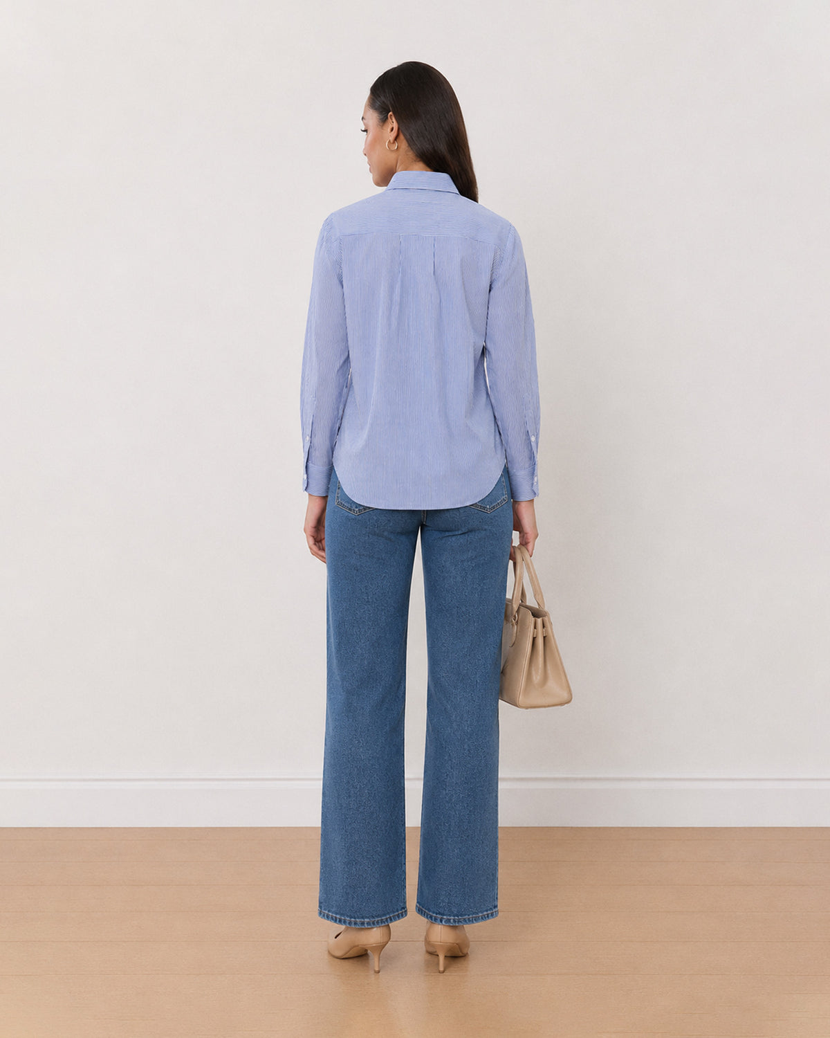Alvina blue and white striped 100% cotton shirt back view with the long length