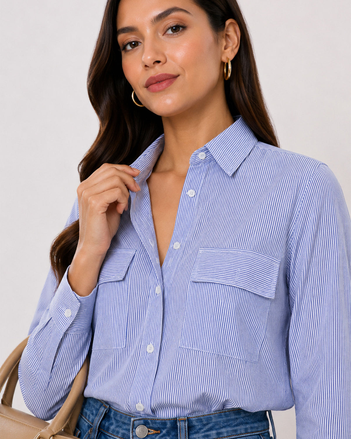 Alvina blue striped cotton shirt collar and placket with hidden dignity buttons