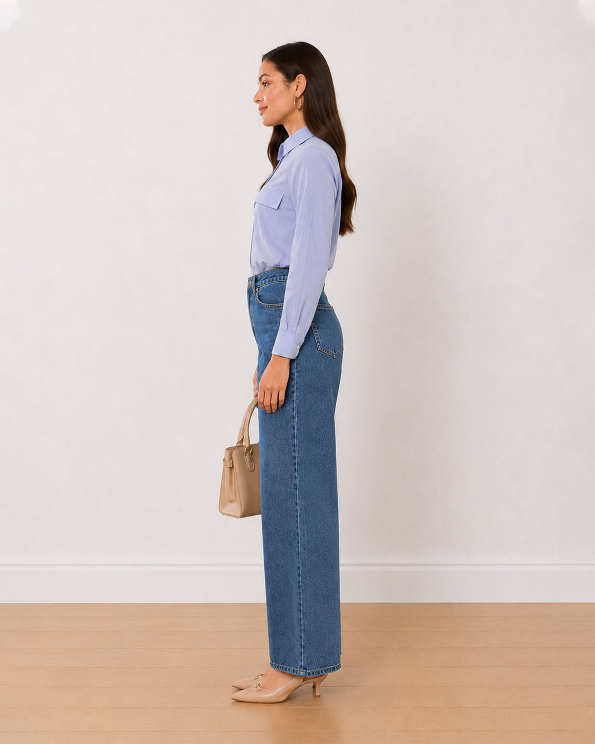 Alvina blue and white striped cotton shirt side profile with the curved hem