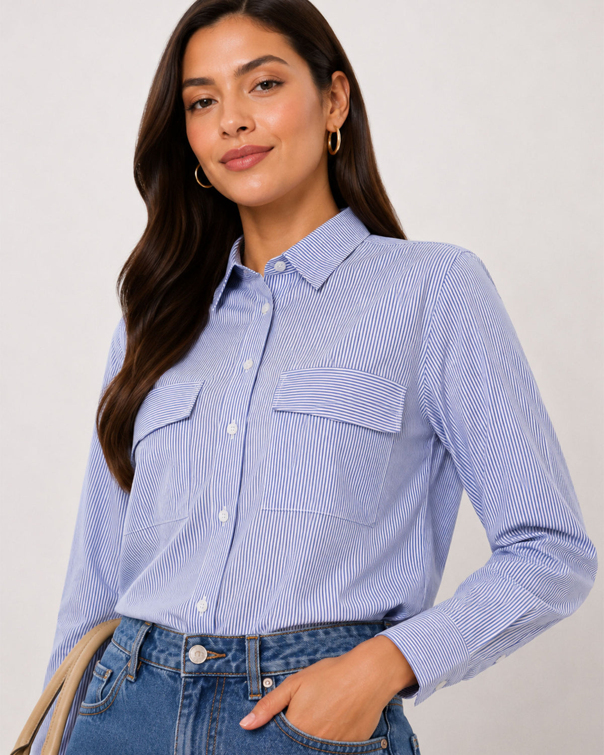 Alvina blue striped cotton shirt utility pocket close-up with the 2 flap pockets