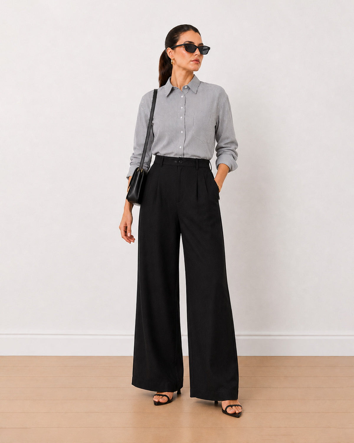 Amayra black and white striped cotton oversized shirt, angled front view