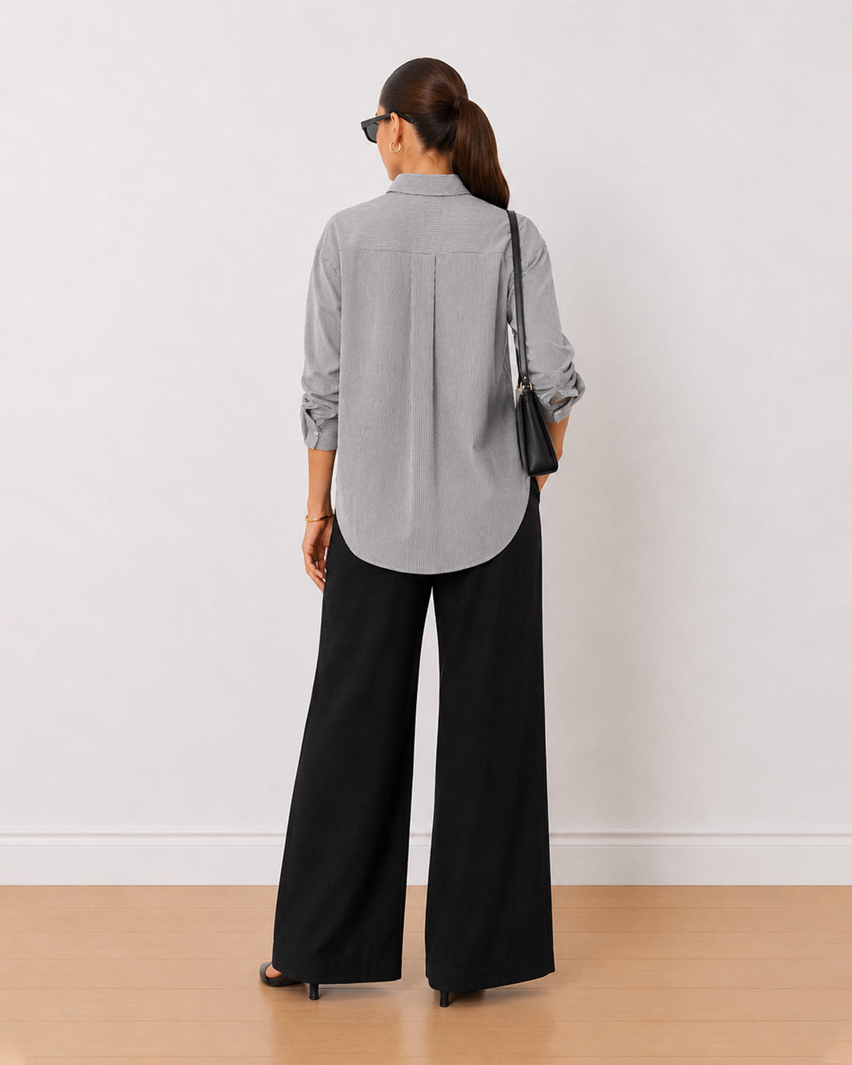 Amayra black and white striped cotton oversized shirt back view, long length