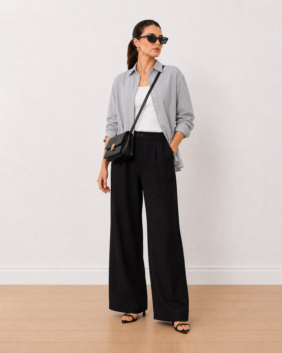 Amayra striped 100% cotton oversized shirt worn open as a smart layer, front view