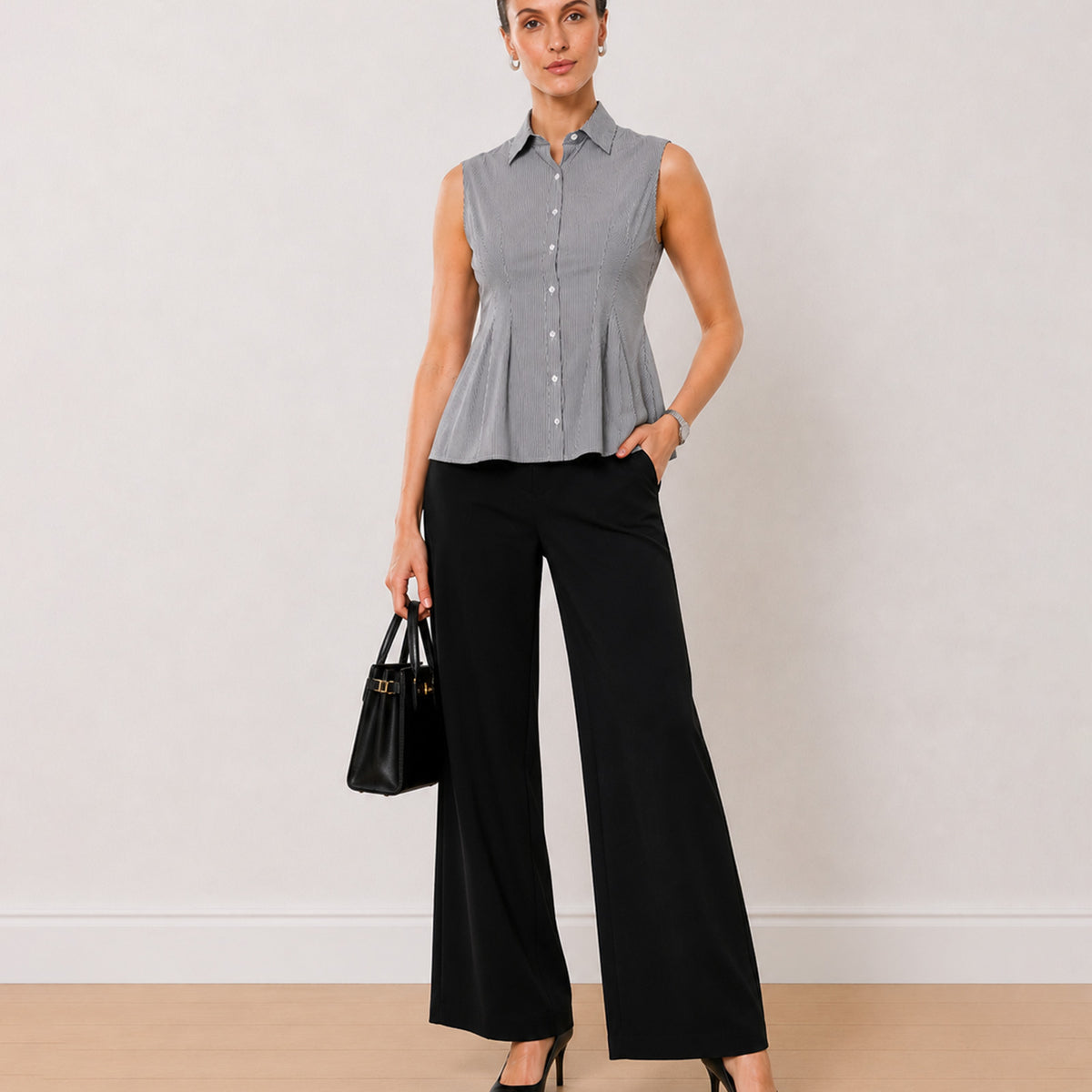 Gazillion Amora black and white striped sleeveless cotton shirt for women, front view