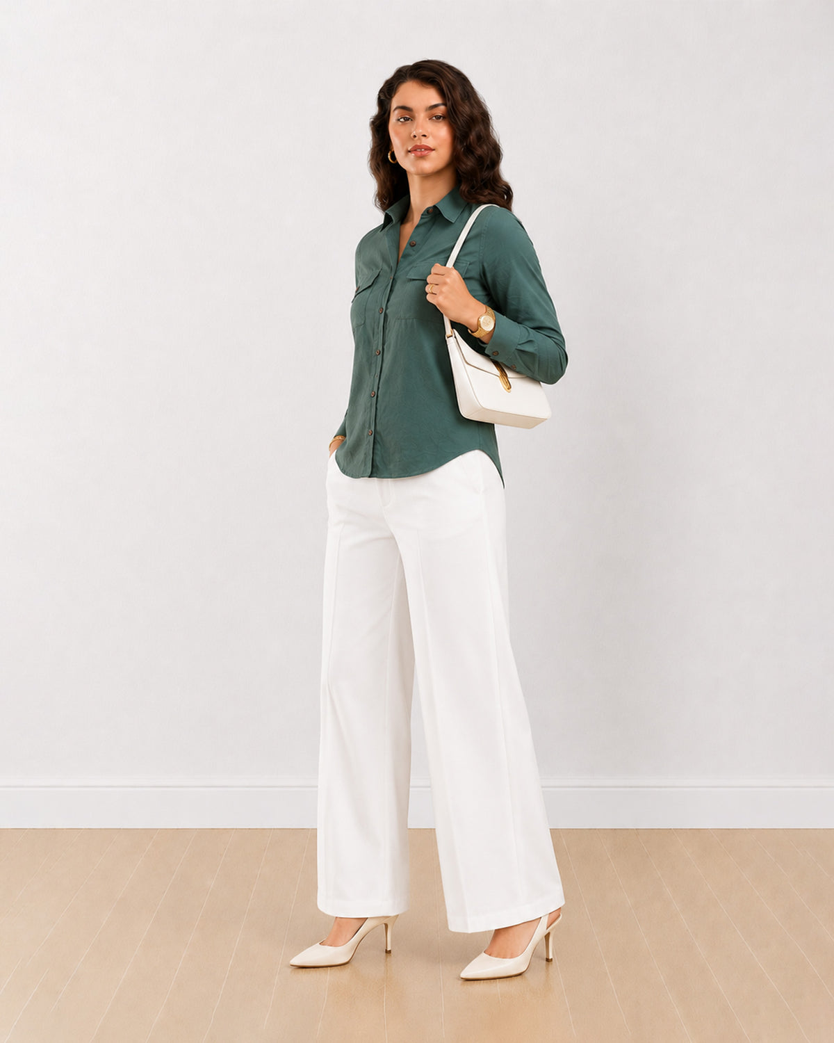 Analia bottle green corduroy utility shirt, angled view with the 2 utility pockets