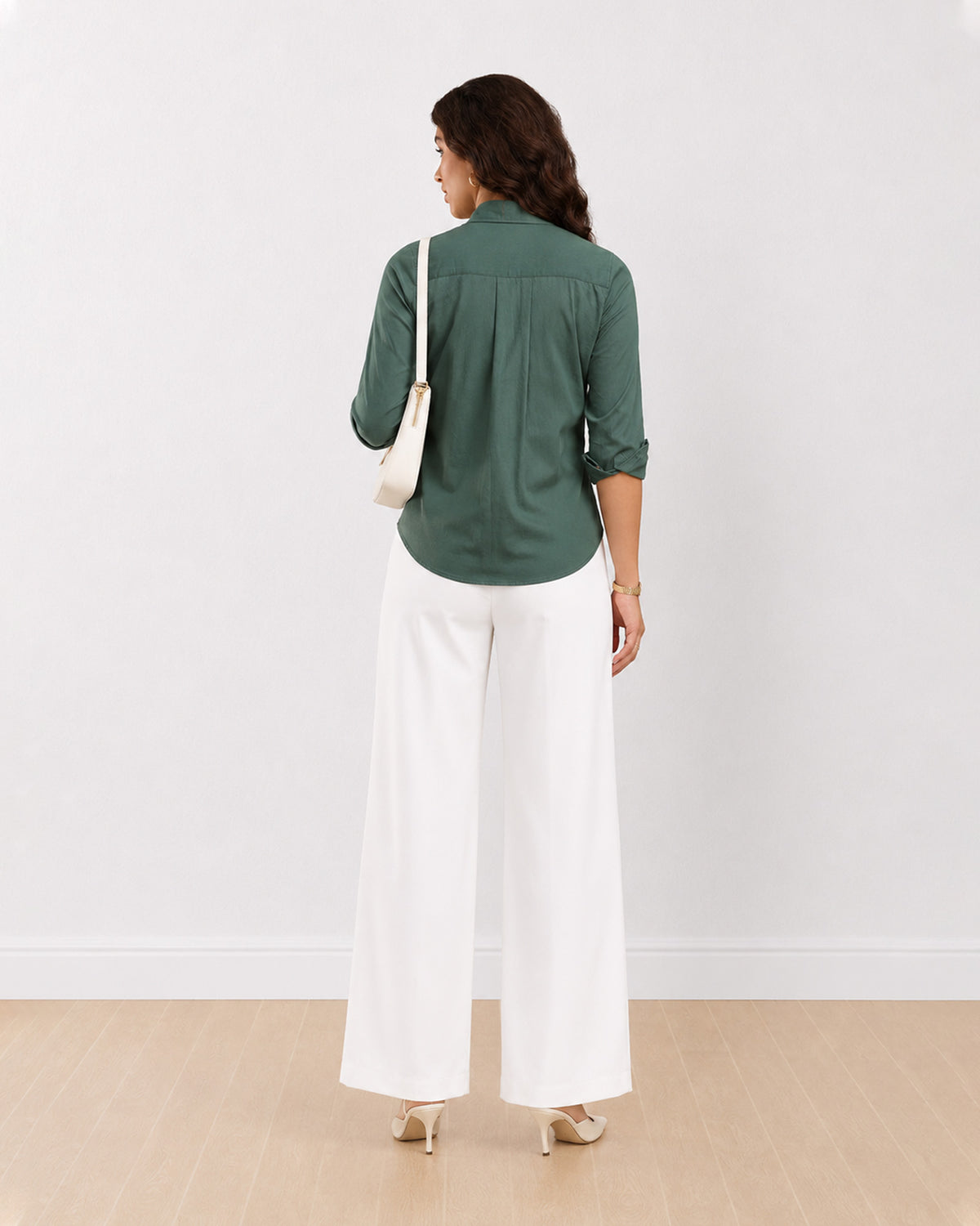 Analia bottle green 100% cotton corduroy shirt back view with the long length