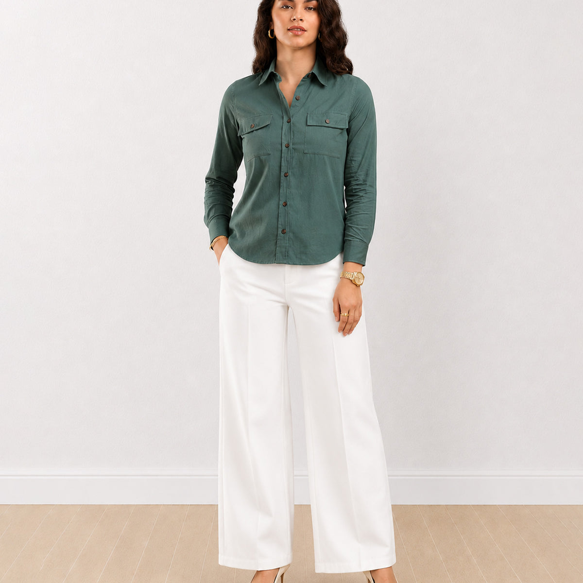 Gazillion Analia bottle green 100% cotton corduroy utility shirt for women, front view