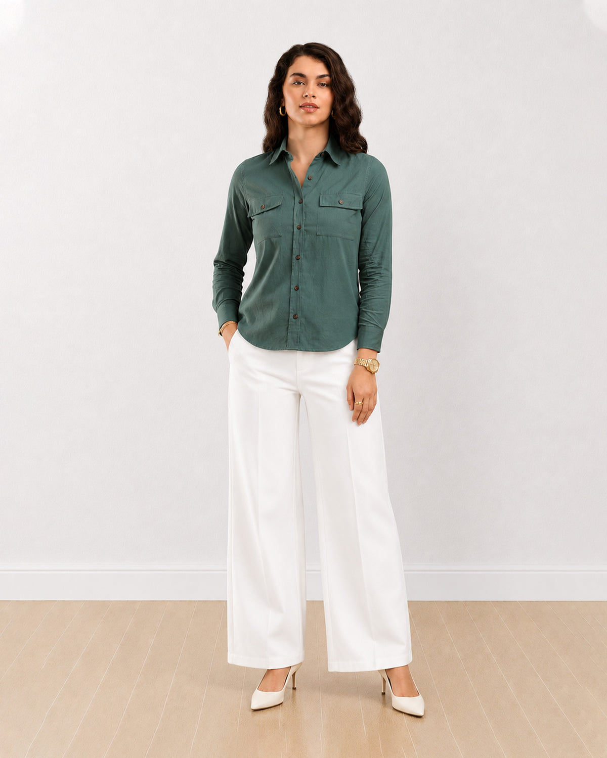 Gazillion Analia bottle green 100% cotton corduroy utility shirt for women, front view