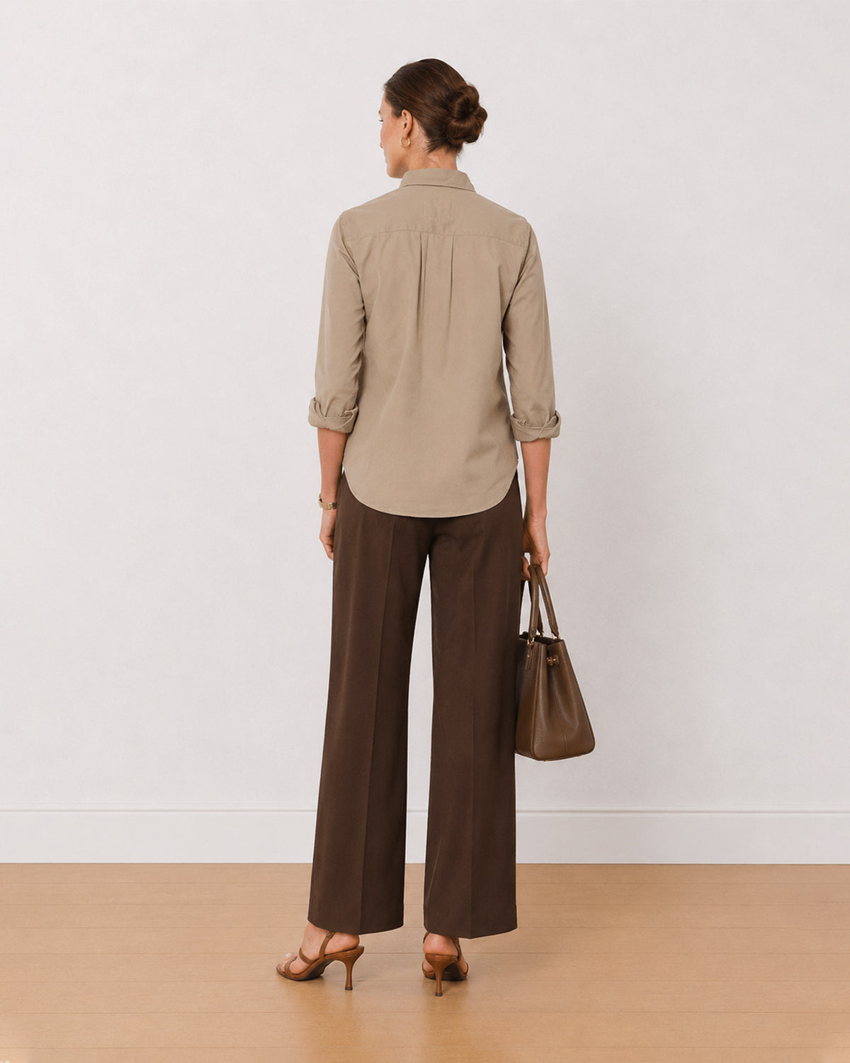 Analia fawn beige 100% cotton corduroy shirt back view with the long length