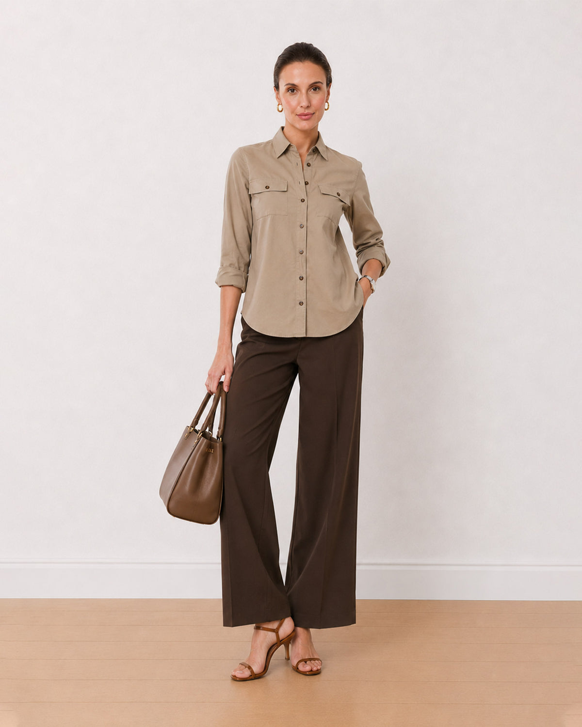 Analia fawn beige cotton corduroy utility shirt front view with full sleeves