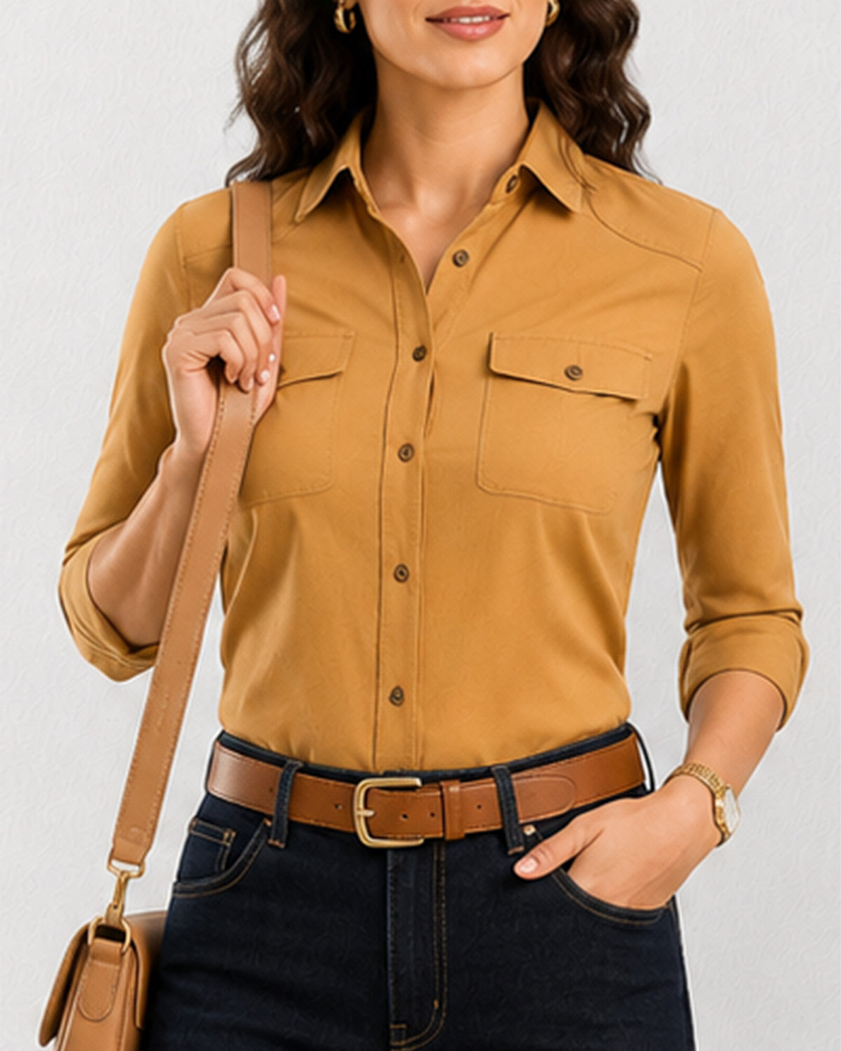 Analia mustard yellow corduroy shirt placket, utility pocket and hidden dignity buttons