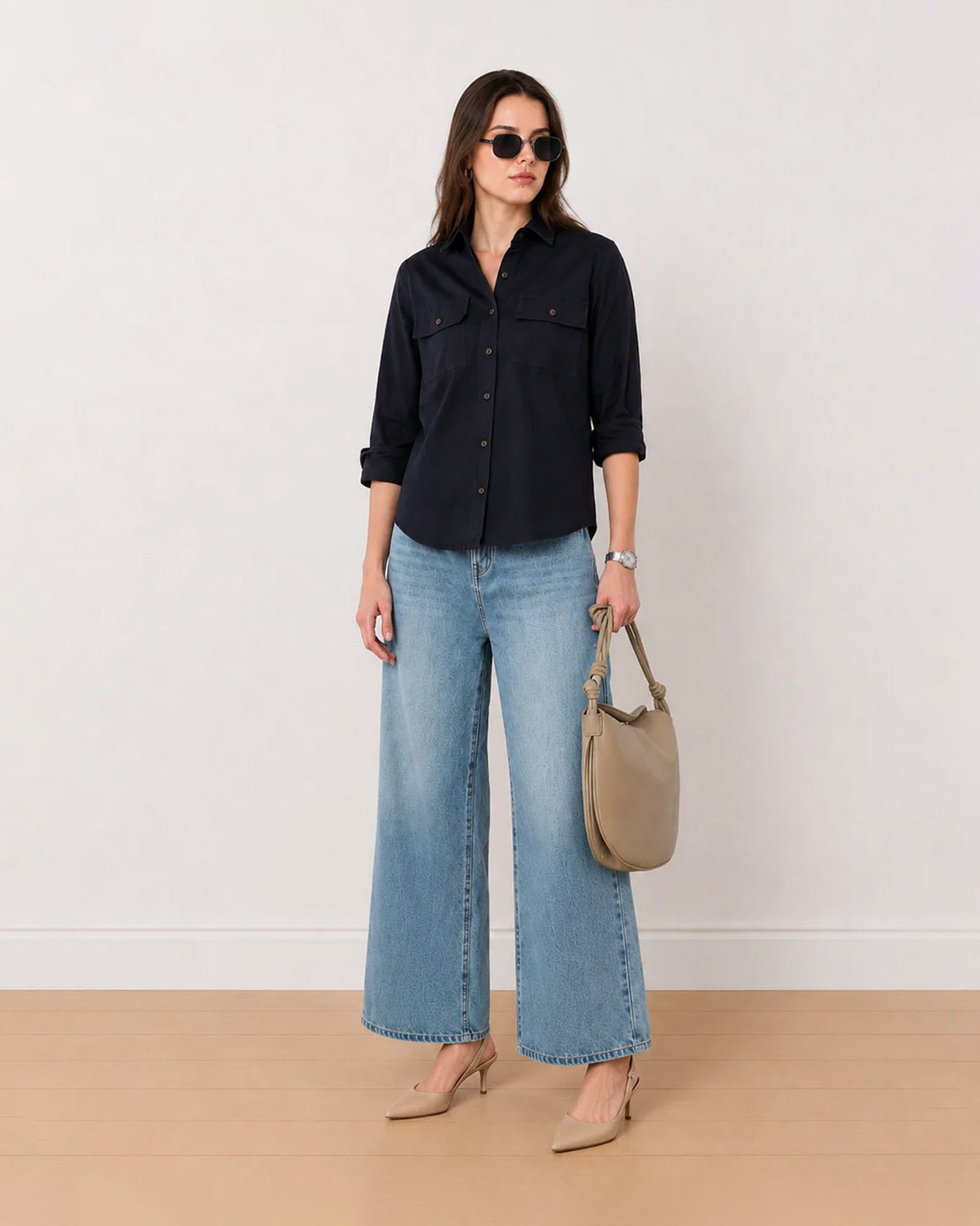 Analia navy blue cotton corduroy utility shirt front view with the rolled up sleeves
