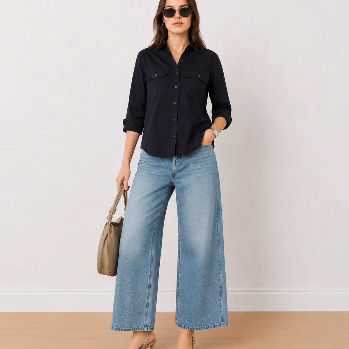 Gazillion Analia navy blue 100% cotton corduroy utility shirt for women, front view