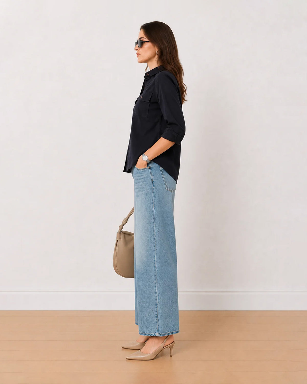 Analia navy blue corduroy utility shirt side profile with the curved hem
