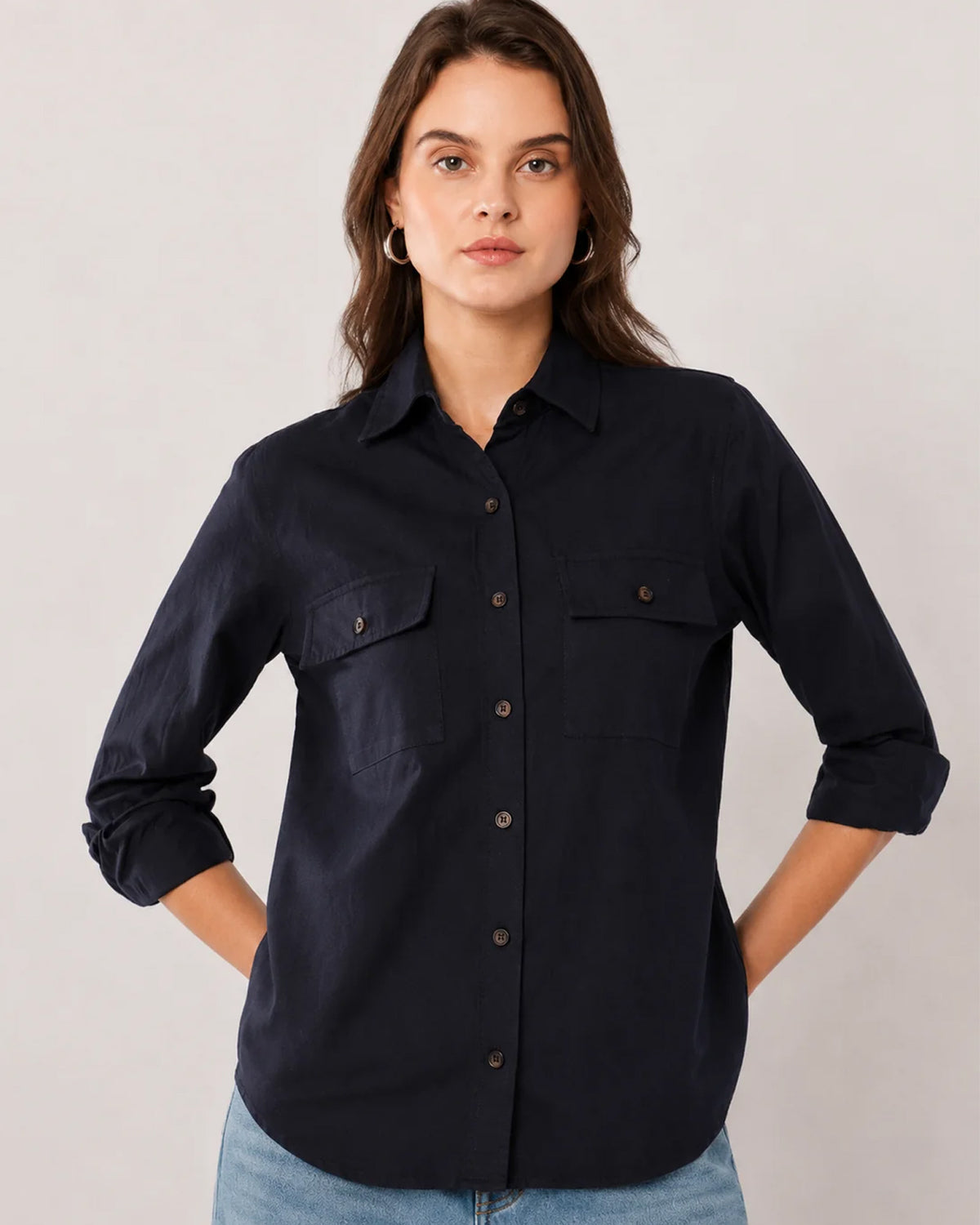 Analia navy blue corduroy shirt waist up front with the 2 flap utility pockets