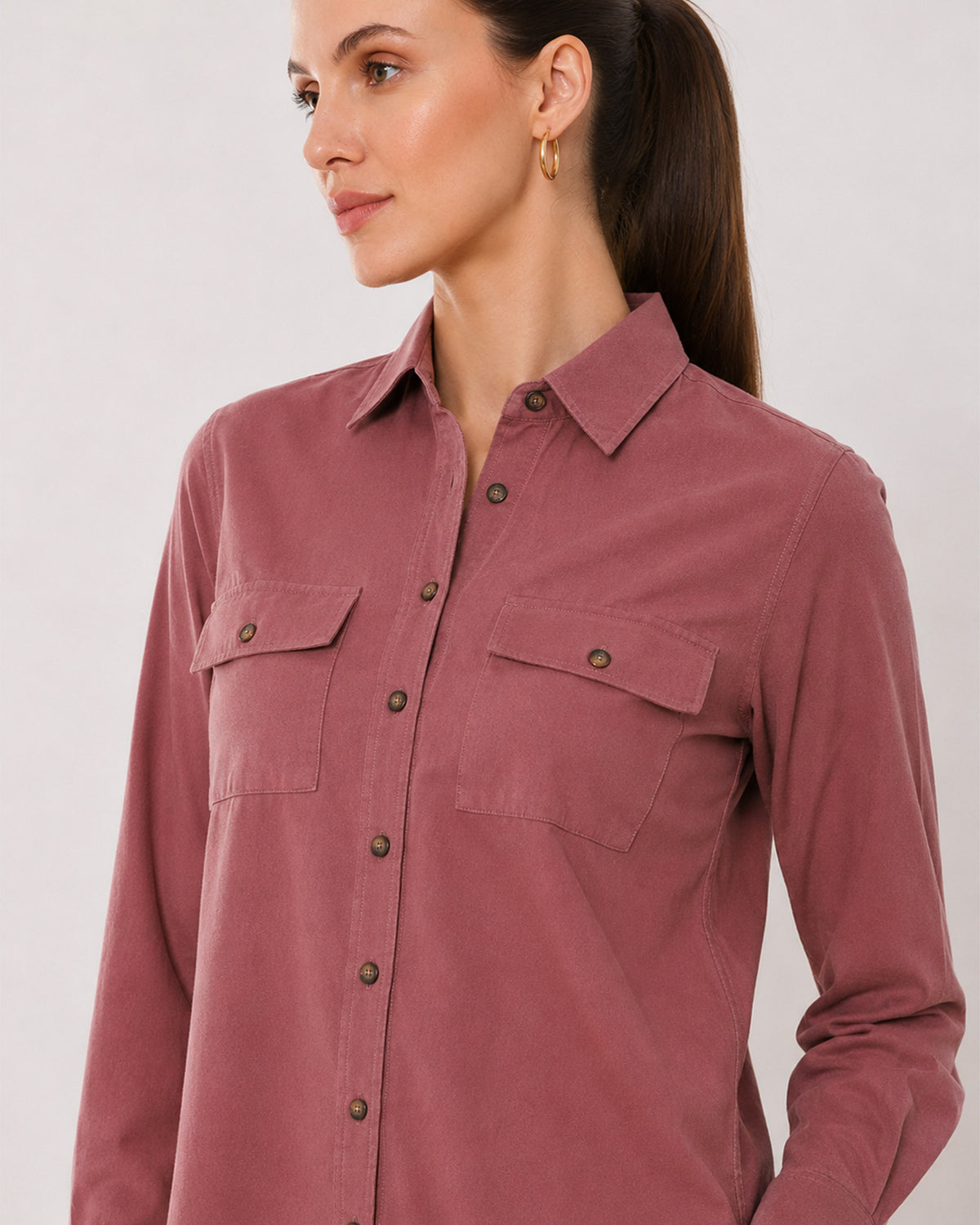 Analia onion pink corduroy shirt collar and chest pocket close-up