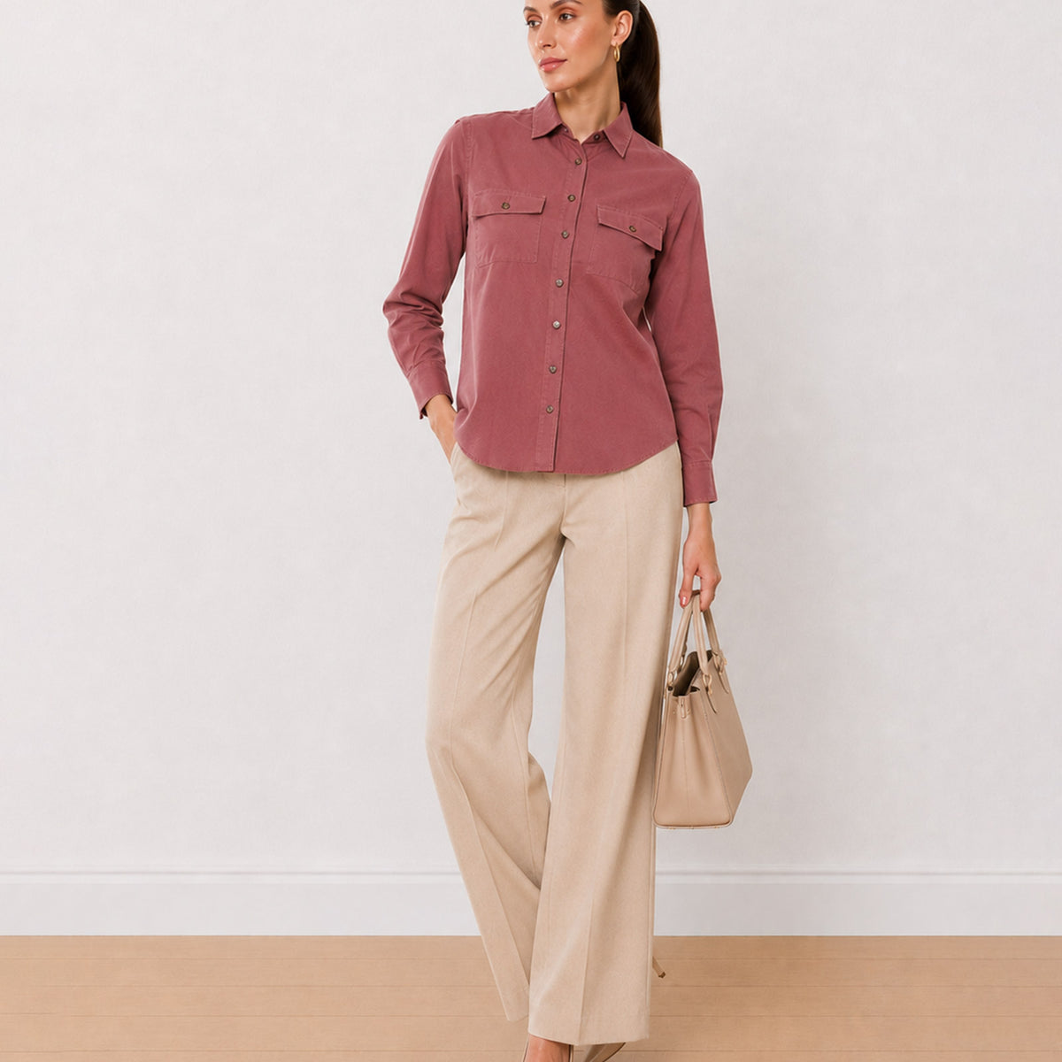 Gazillion Analia onion pink 100% cotton corduroy utility shirt for women, front view