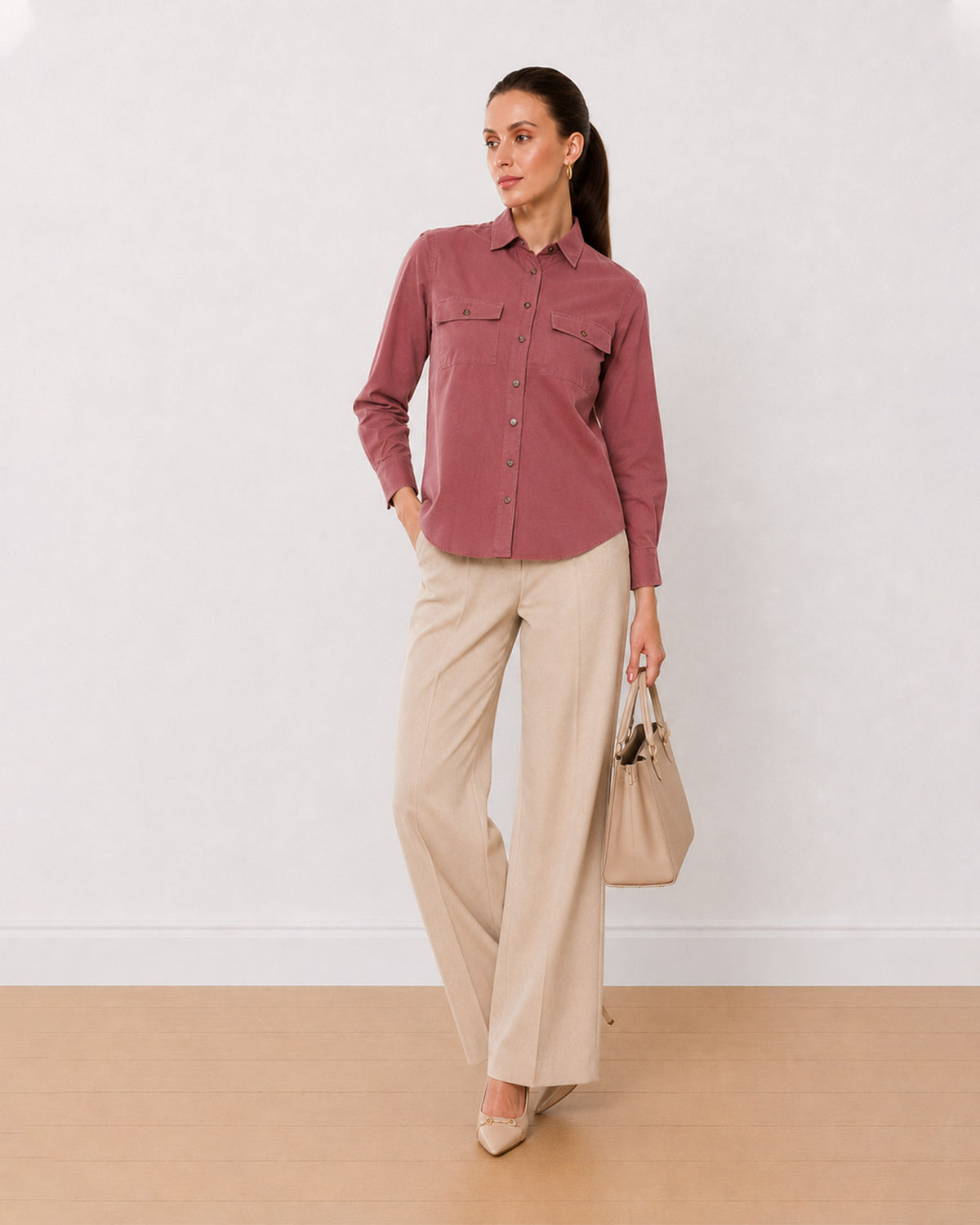 Gazillion Analia onion pink 100% cotton corduroy utility shirt for women, front view