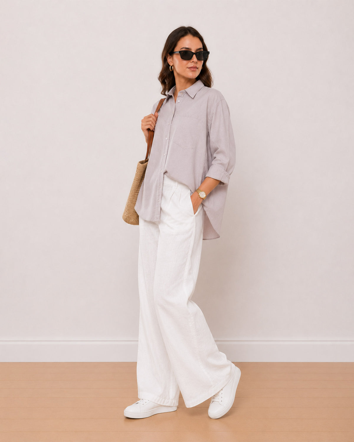 Andria stone grey 100% Oxford cotton oversized shirt, angled front view
