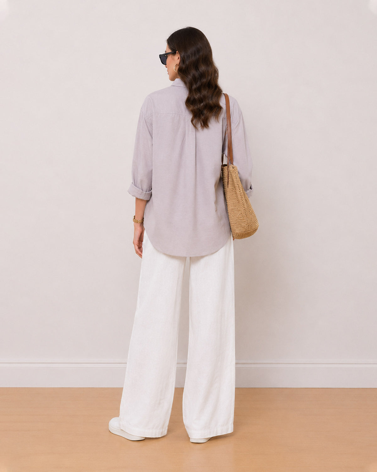 Andria stone grey 100% cotton oversized shirt back view with the long length