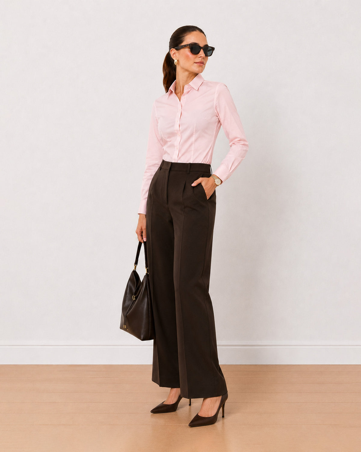 Anna baby pink cotton poplin shirt on the move, front view with the snug fit
