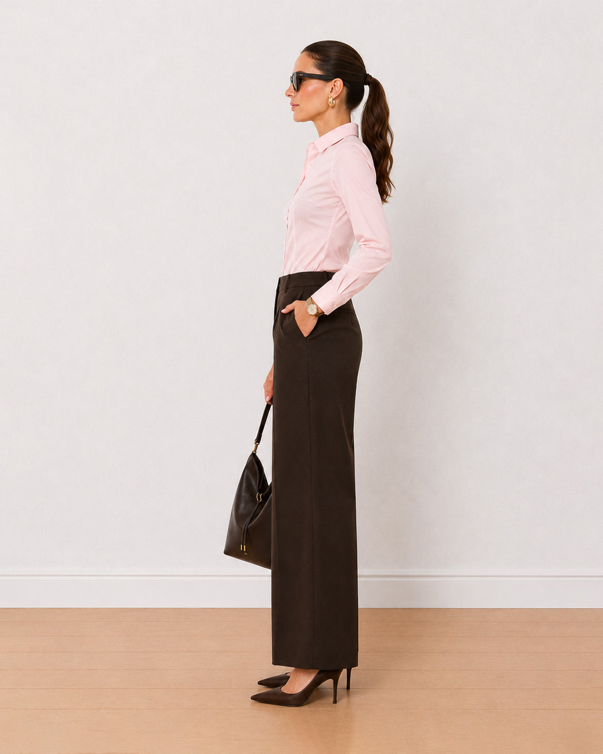 Anna baby pink cotton poplin formal shirt side profile with the curved hem