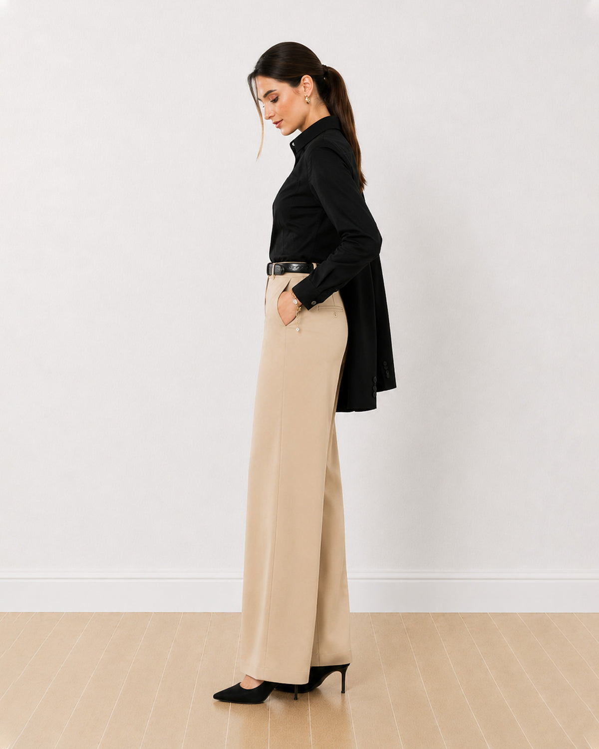 Anna black cotton poplin formal shirt side profile with full sleeves