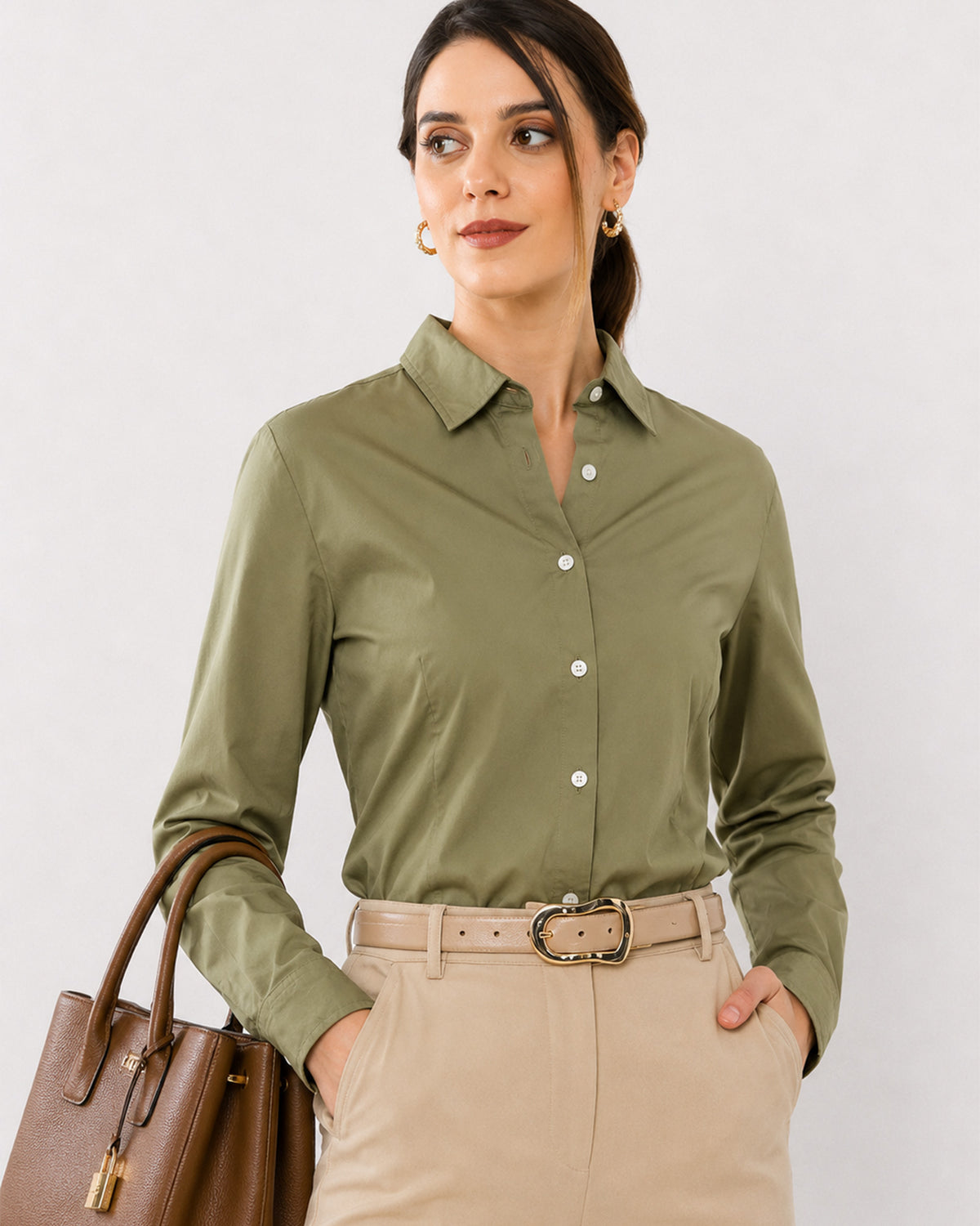 Anna khakhi beige cotton poplin shirt waist up front with the white buttons