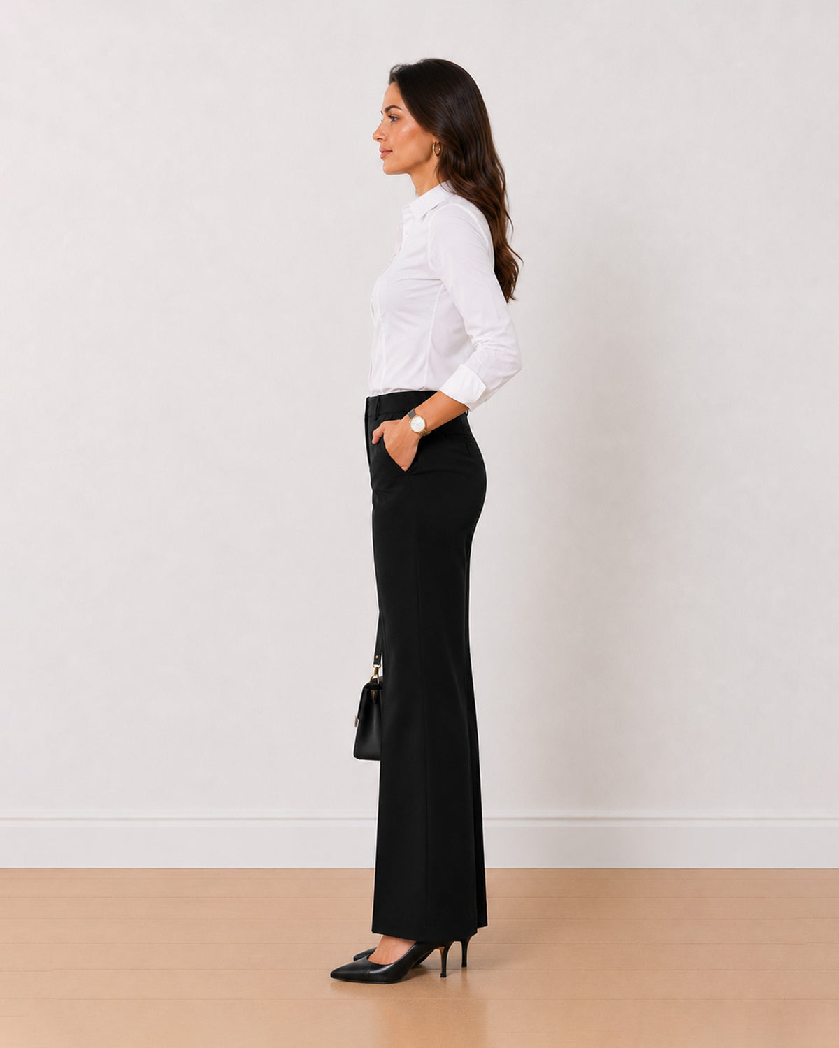 Anna white cotton poplin formal shirt side profile with the curved hem