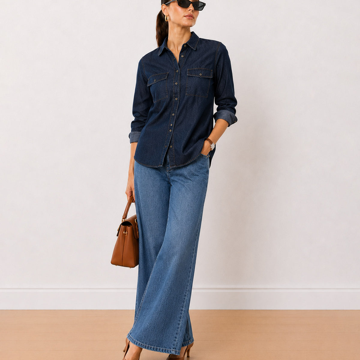 Gazillion Arena indigo blue denim utility shirt for women, full length front view