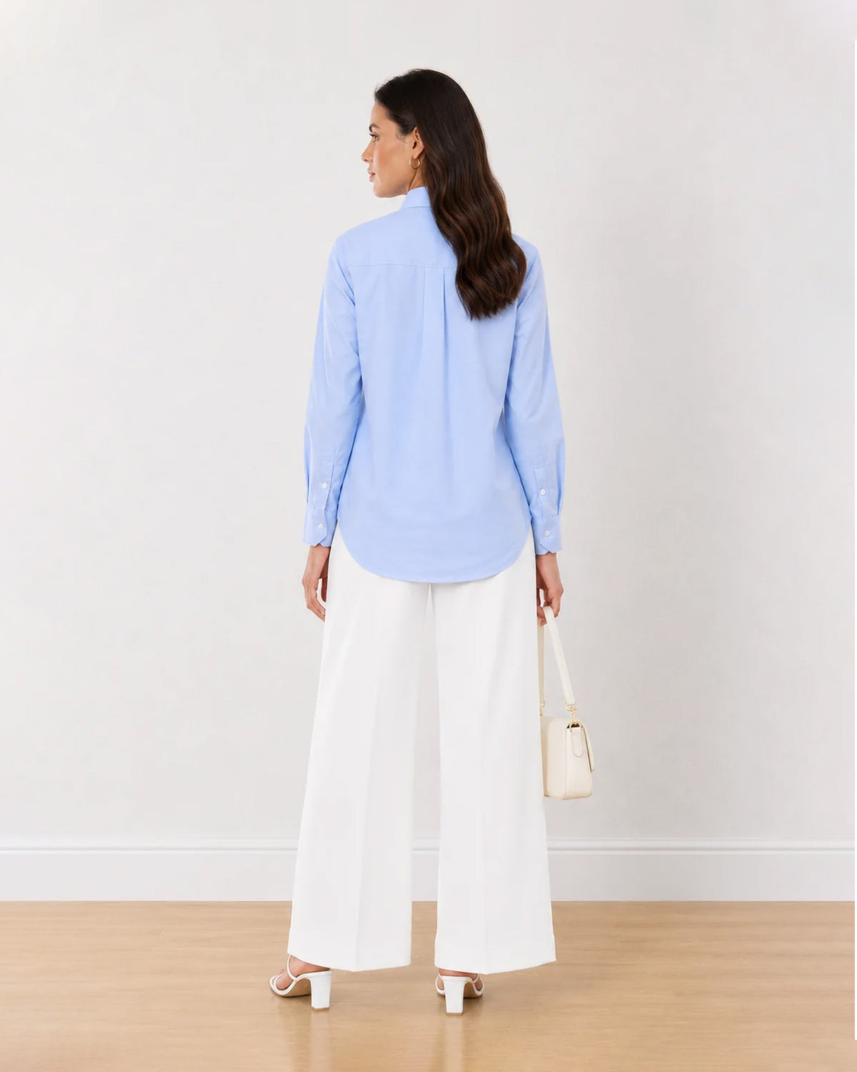 Aria sky blue 100% cotton shirt back view with the centre back pleat