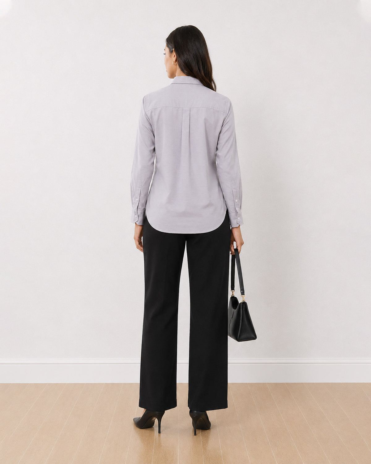 Aria stone grey 100% cotton shirt back view with the centre back pleat