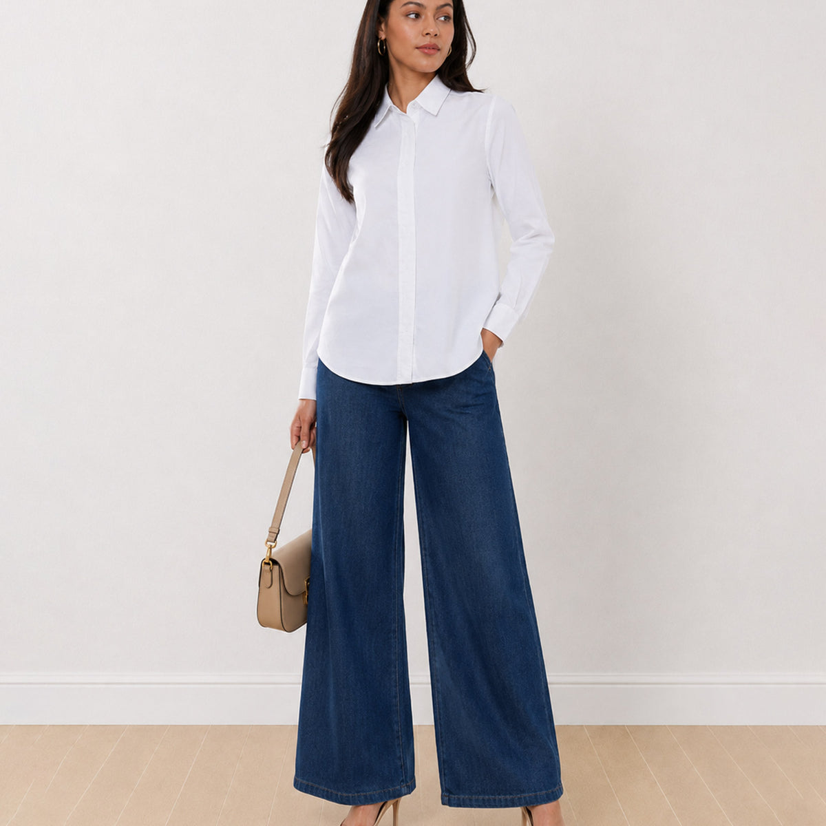 Gazillion Aria white 100% cotton formal shirt for women, full length front view