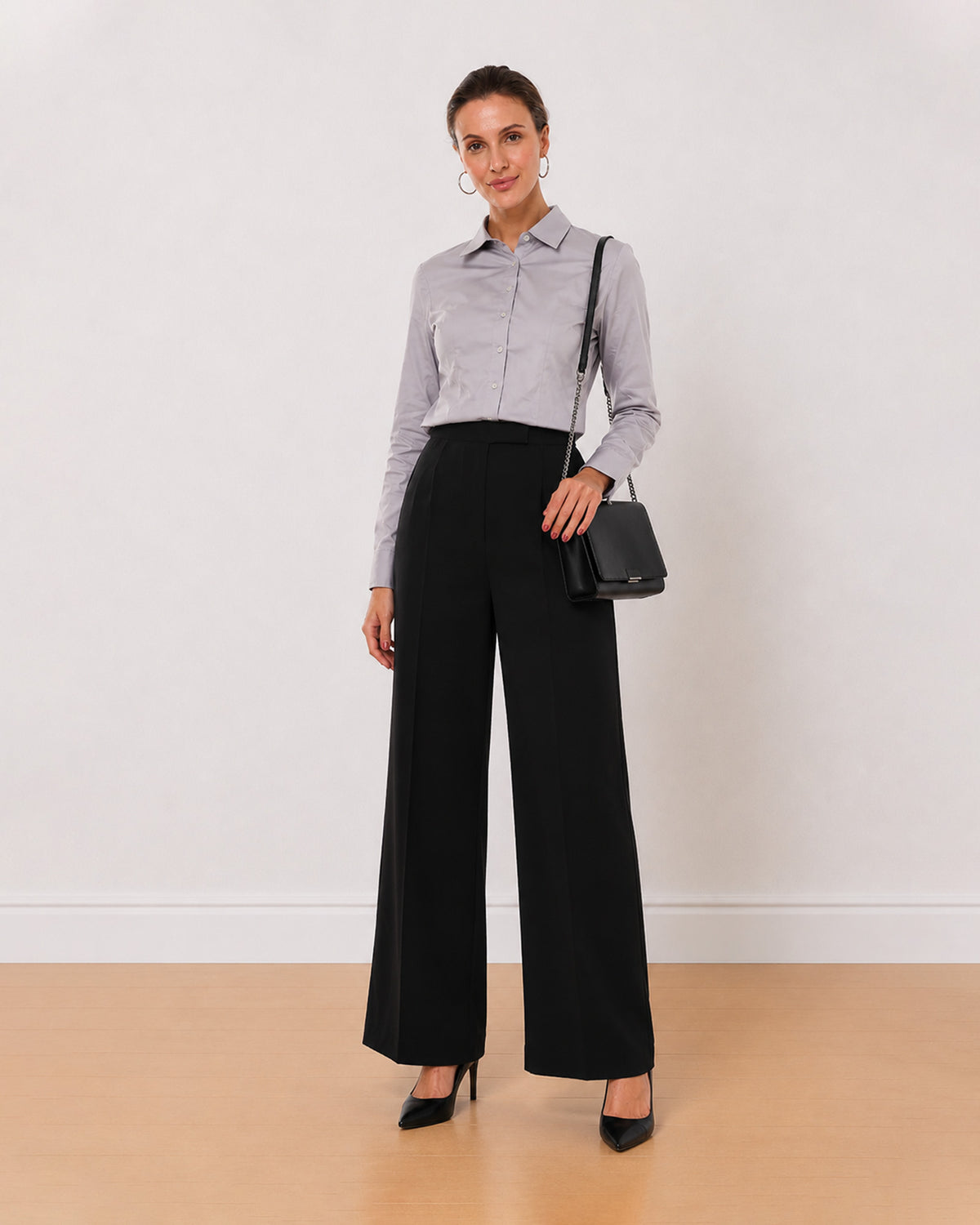 Gazillion Armani light grey 100% cotton satin formal shirt for women, front view