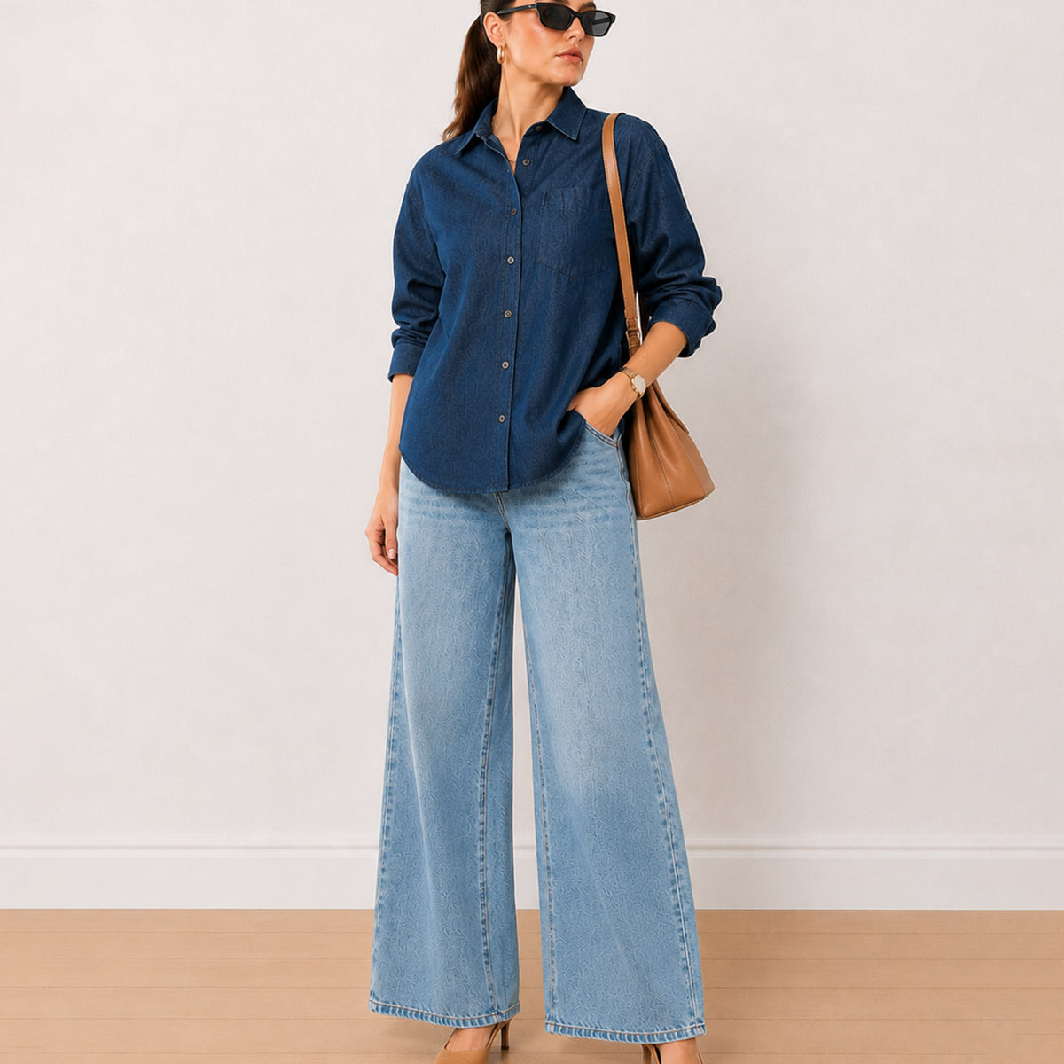 Gazillion Athena indigo denim oversized shirt for women, full length front view