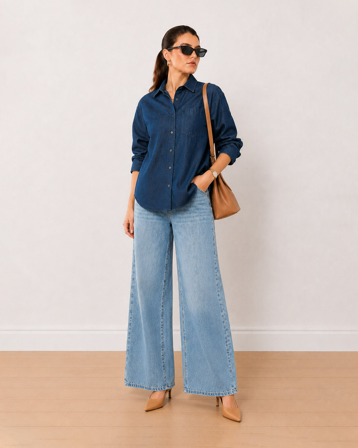 Gazillion Athena indigo denim oversized shirt for women, full length front view