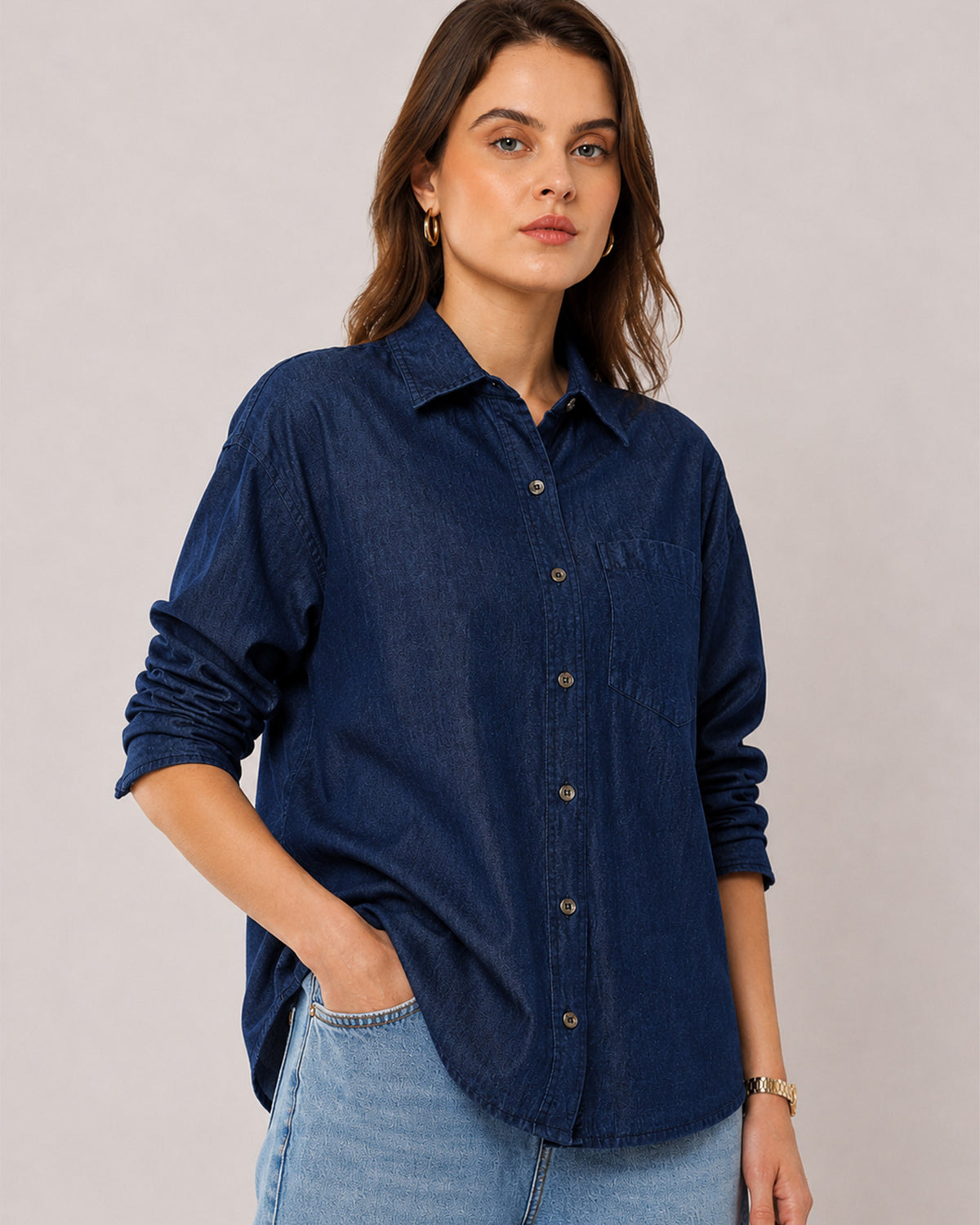 Athena indigo denim oversized shirt placket, patch pocket and dignity buttons
