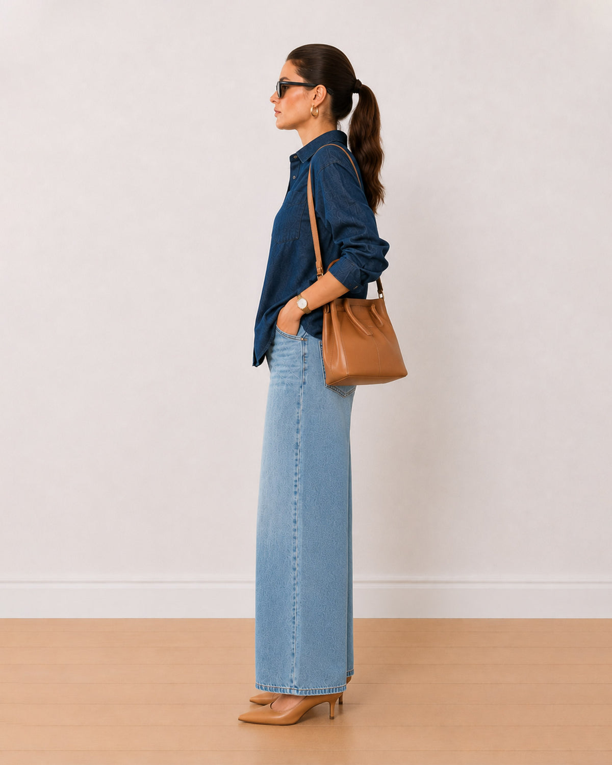 Athena indigo blue denim oversized shirt side profile with the relaxed fit